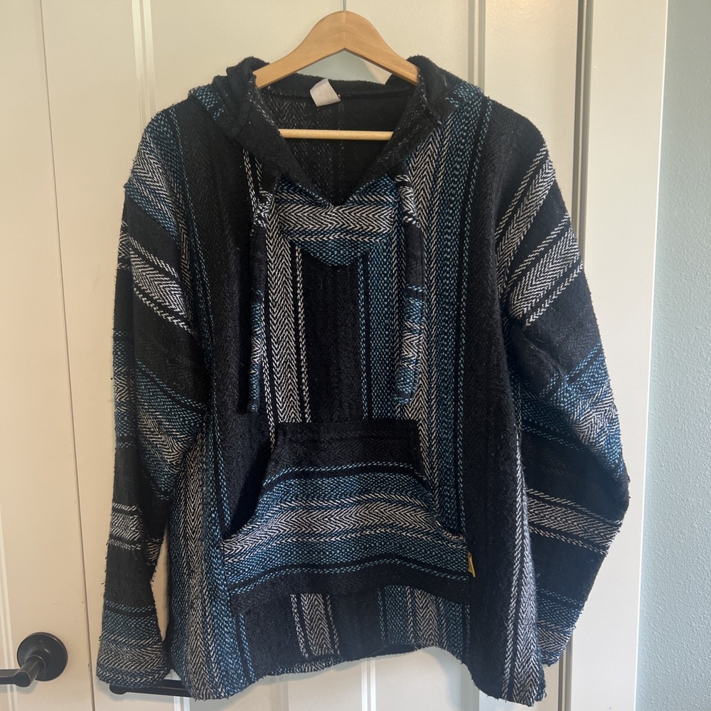 Molina Hooded Cotton Poncho Mexican Baja Surfer Drug Rug Hoodie Pocket Black Y2K